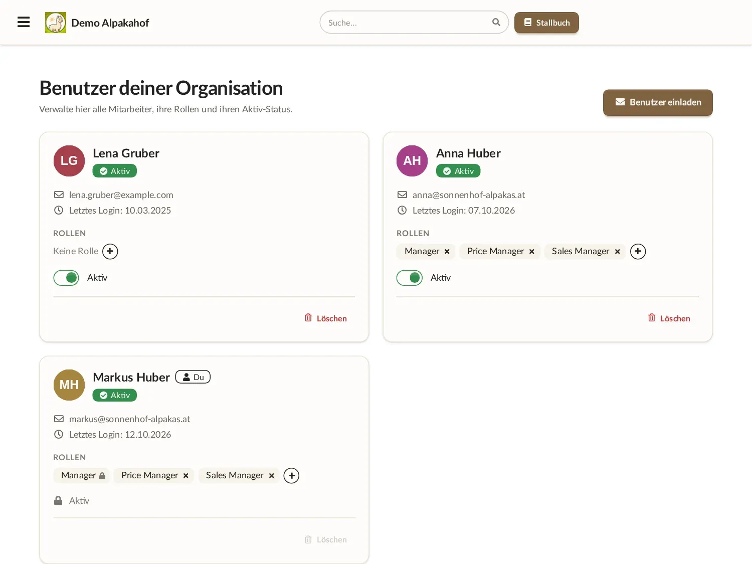 Alpaka Manager: Mehrere Benutzer mit eigenen Rechten